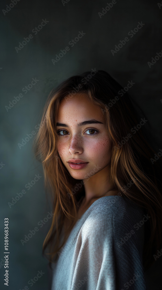 Young woman with long hair posing in soft light against a textured background Young woman with long hair posing in soft light against a textured background
