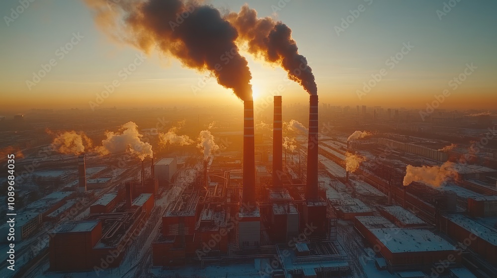 Fototapeta premium Industrial pollution at sunset, aerial view.