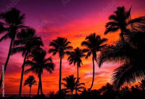 vibrant sunset silhouettes featuring palm tree leaves set colorful sky, orange, pink, purple, yellow, horizon, nature, tropical, contrast, beauty, evening