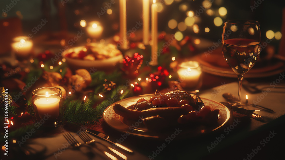 A table set with Christmas dinner with soft golden lighting A table set with Christmas dinner with soft golden lighting