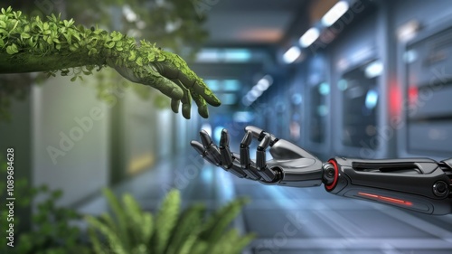 Green technology conceptual design, human arm covered with grass and lush and robotic hand, 3d render