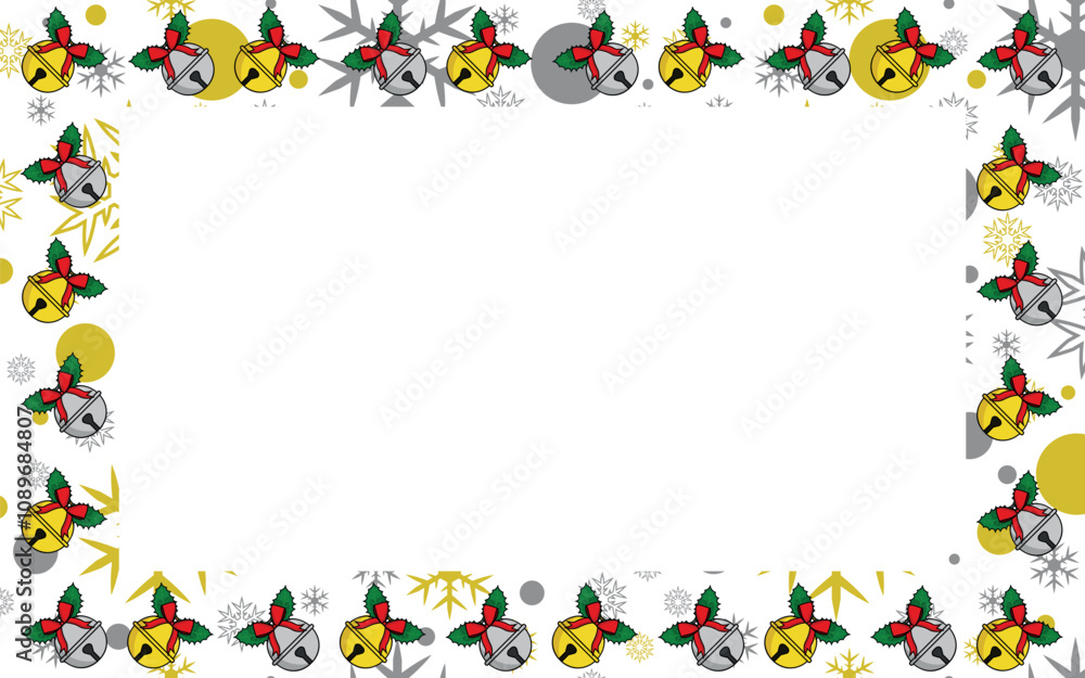Fototapeta premium Rectangle Christmas Frame - Gold and Silver Jingle Bells and Snowflakes.