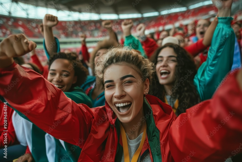 Cheering fans celebrate together at a vibrant stadium during a sports event in the afternoon sun, united in excitement and joy Cheering fans celebrate together at a vibrant stadium during a sports event in the afternoon sun, united in excitement and joy