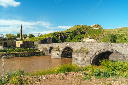 Magnificent photo of Kars River flowing under the Stone Bridge. Kars, Turkey.