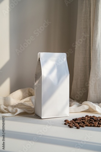 a clean white mockup of a coffee packaging, white background, studio enviroment.