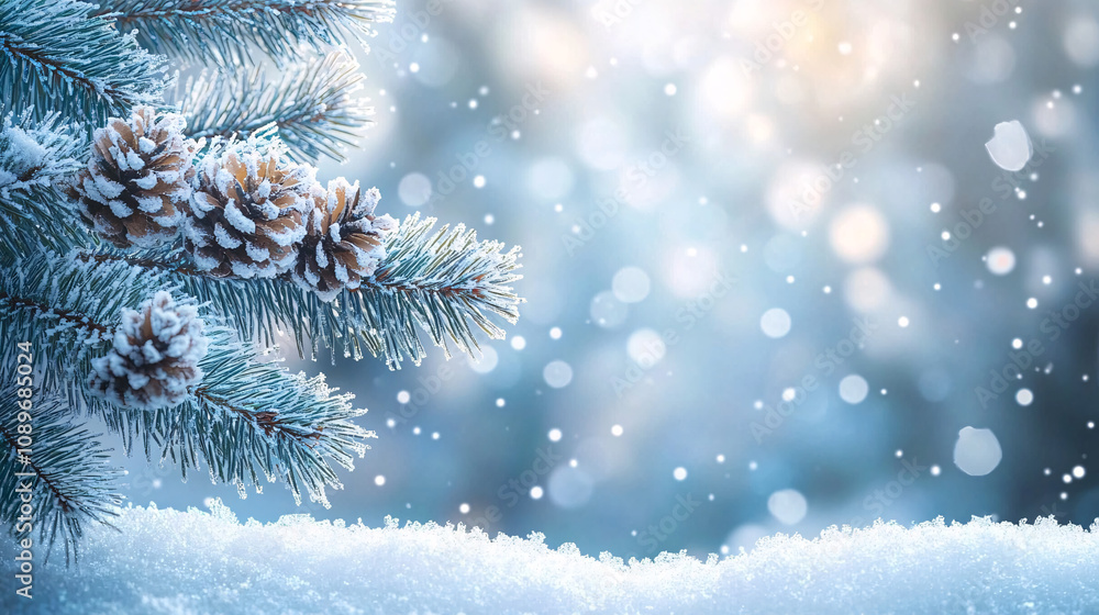 Close-up of frost-covered pine branch with snowflakes, perfect for Christmas cards, winter promotions, or serene snowy landscape designs. Close-up of frost-covered pine branch with snowflakes, perfect for Christmas cards, winter promotions, or serene snowy landscape designs.