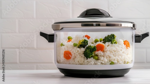 Slow cook rice for a hearty meal. Cooked rice with vegetables in a pot photo