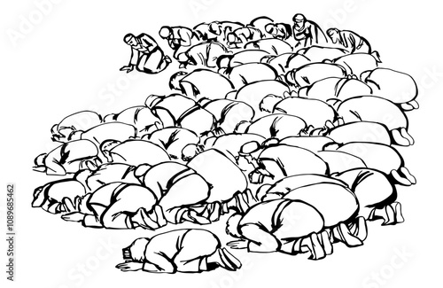 Vector drawing. People bowing befor king