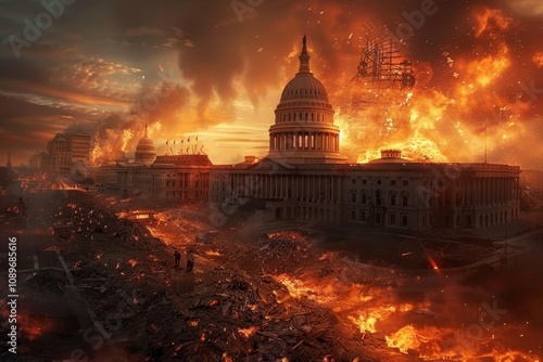 A dramatic depiction of a city under siege at sunset with flames engulfing the Capitol building and chaos in the streets photo