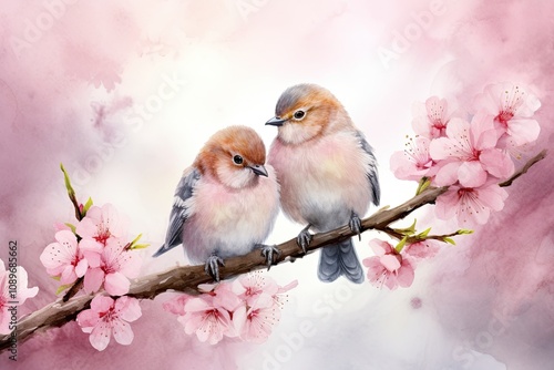 Two pink birds sitting on a blooming pink tree. watercolor photo