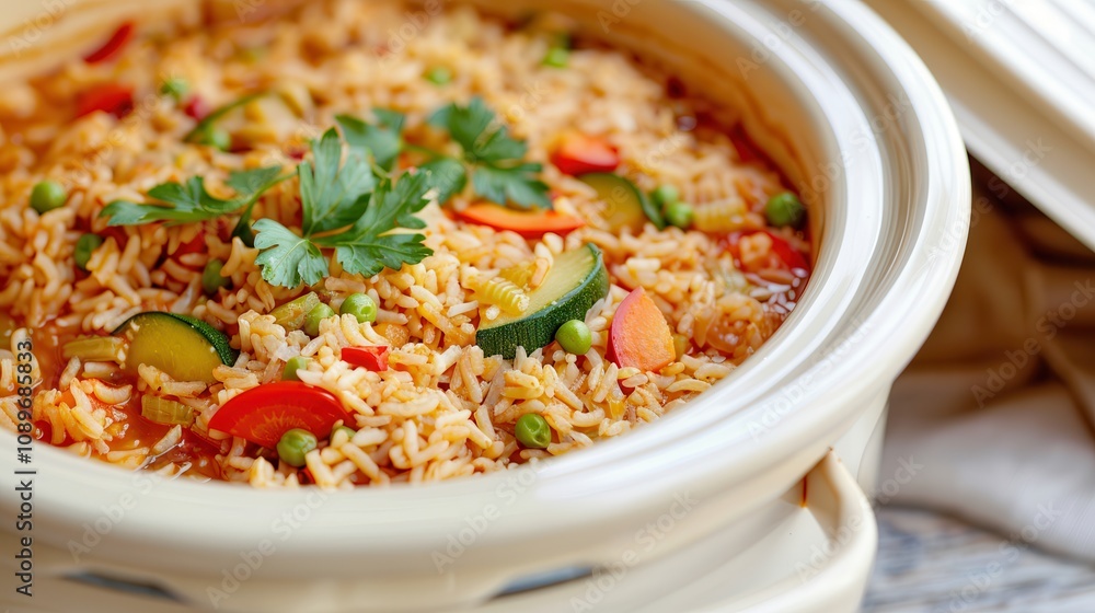 Slow cook rice for a hearty meal. Delicious vegetable rice dish Slow cook rice for a hearty meal. Delicious vegetable rice dish