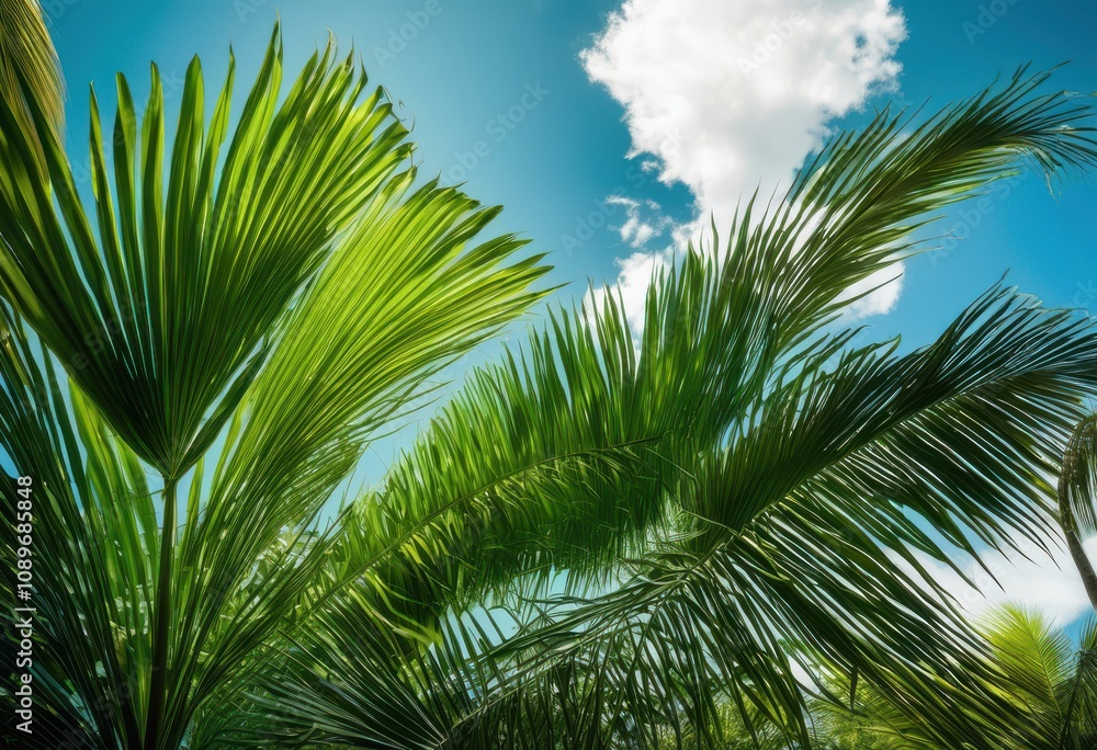 Fototapeta premium vibrant green palm leaves contrasting bright blue sky creating refreshing tropical ambiance, foliage, summer, nature, exotic, sunlight, plant, forest