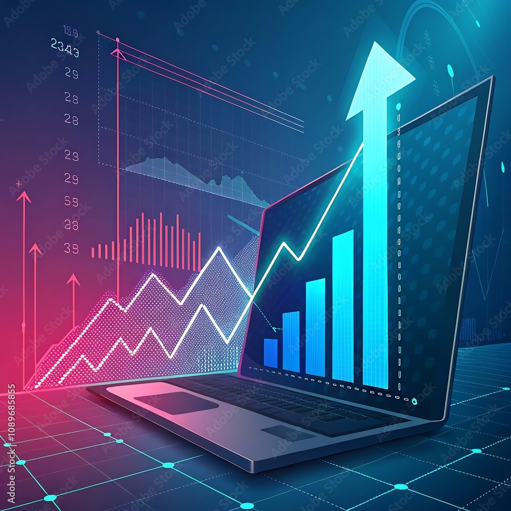 Naklejka premium A futuristic laptop with glowing graphs and upward arrows on its screen, symbolizing growth and success in data analytics, surrounded by a digital financial interface in neon tones.