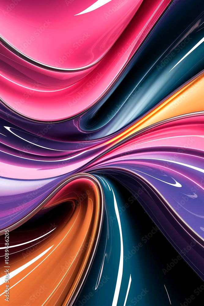 Fototapeta premium Abstract digital artwork blending smooth flowing lines in pink blue purple and yellow hues. The seamless color transitions form a wave-like pattern creating an energetic visual effect.