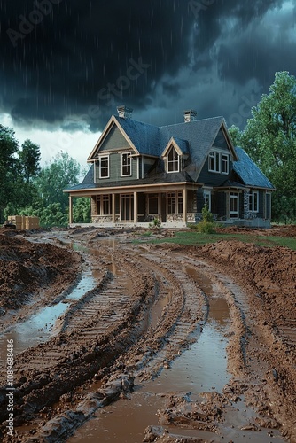 Residential house construction under rain delay with mud and tracks. photo