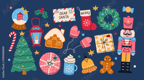 Set of Christmas elements. Winter celebration. Nutcracker, christmas tree, snowball, gingerbread, gift box, cacao mug, wreath, lantern, sweets etc.