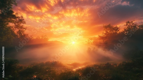 Golden Sunrise Over Foggy Meadow Trees