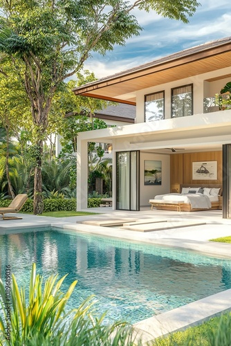 Wallpaper Mural Home or house building exterior and interior design showing tropical pool villa with green garden and bedroom. Torontodigital.ca