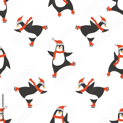 A cute seamless pattern with ice skating penguins wearing hats and scarves. Christmas print with arctic animals. Background, wallpaper, wrapping paper, fabric, packaging template.