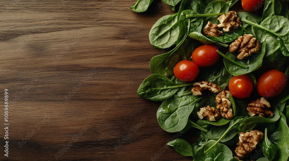 Fresh Spinach Salad with Cherry Tomatoes and Walnuts on Rustic Wooden Background Fresh Spinach Salad with Cherry Tomatoes and Walnuts on Rustic Wooden Background