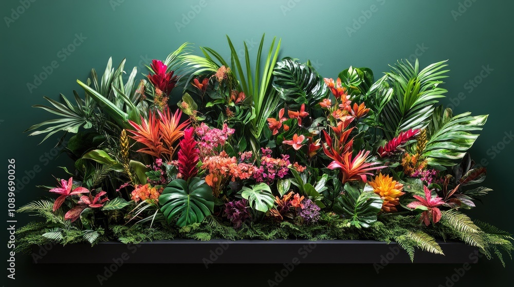 Fototapeta premium Lush tropical foliage arrangement on dark shelf against green wall.