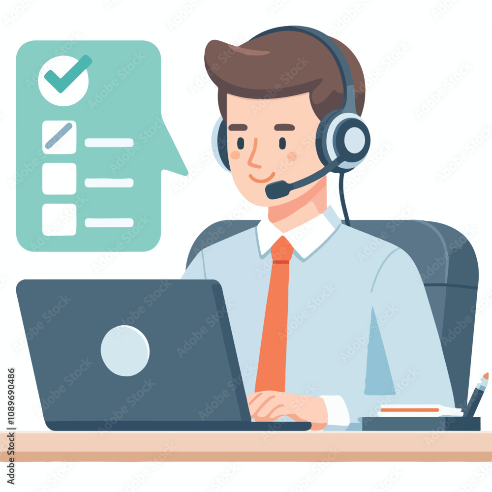 Flat illustration of operator of call center agent or customer service working in headphone and mic sitting at desk with laptop computer checklist and checkmark on a white background Flat illustration of operator of call center agent or customer service working in headphone and mic sitting at desk with laptop computer checklist and checkmark on a white background