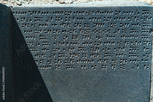 A series of inscriptions in the Urartian language carved in relief on a grey stone surface. The inscription was found in the Van Province of Turkey. photo