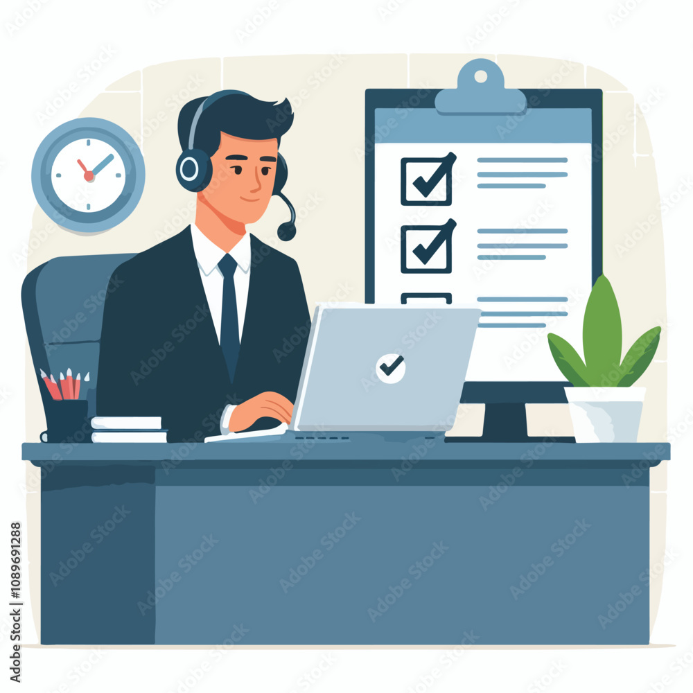 Flat illustration of operator of call center agent or customer service working in headphone and mic sitting at desk with laptop computer checklist and checkmark on a white background Flat illustration of operator of call center agent or customer service working in headphone and mic sitting at desk with laptop computer checklist and checkmark on a white background