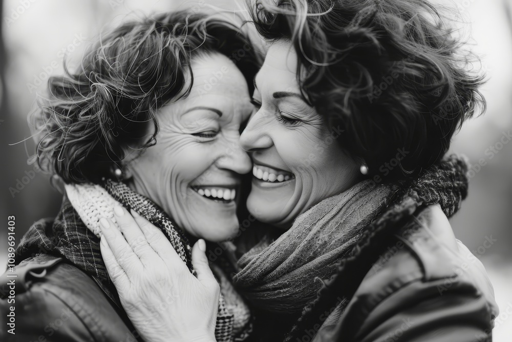Two smiling women share a joyful embrace outdoors during a chilly afternoon, showcasing friendship and warmth in a black and white photo Two smiling women share a joyful embrace outdoors during a chilly afternoon, showcasing friendship and warmth in a black and white photo