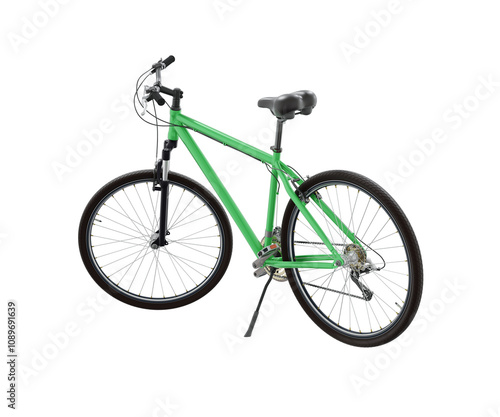 Green bicycle standing while leaning on kickstand, side back view. Bike resting on kick stand. Png clipart isolated on transparent background