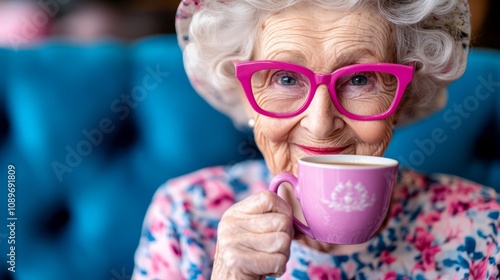 Elderly woman in floral dress sipping coffee with a smile at a cozy cafe