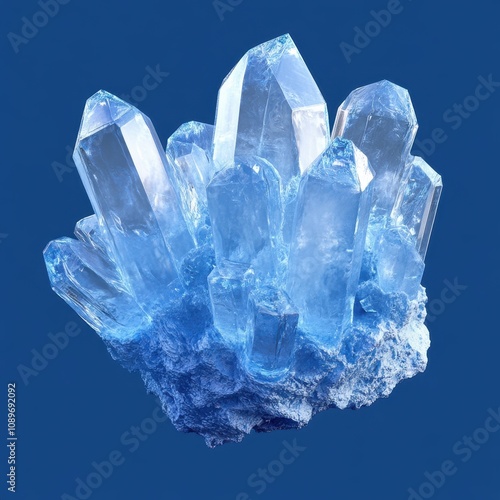 Sparkling Quartz Crystal Cluster Against Vibrant Blue Background photo