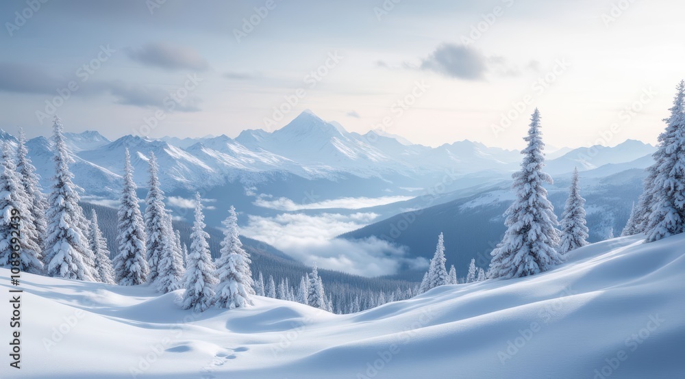 Serene winter landscape with snow-covered mountains Serene winter landscape with snow-covered mountains