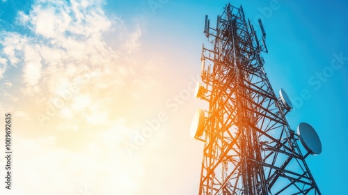 Wallpaper Mural Tower Structure Against Blue Sky with Clouds and Bright Sunlight in a Clear Day, Symbolizing Communication Technology and Connectivity Innovations Torontodigital.ca