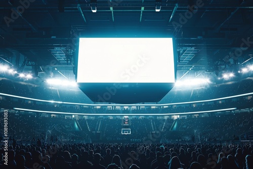 Large arena hosting a basketball game with a huge scoreboard illuminated against a full crowd at night