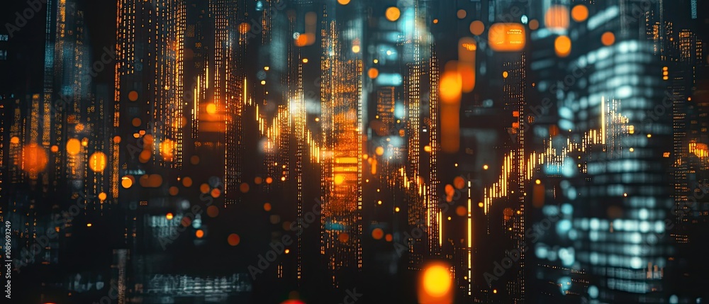 Abstract city lights and glowing stock market graph. Abstract city lights and glowing stock market graph.