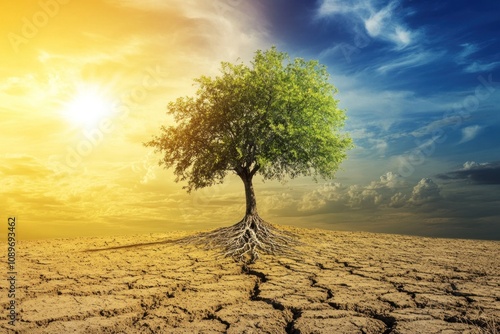 Tree with exposed roots growing on cracked, dry earth under bright sun photo