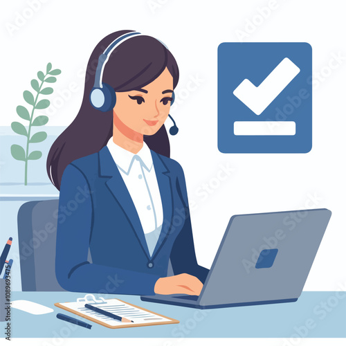 Flat illustration of operator of call center agent or customer service working in headphone and mic sitting at desk with laptop computer checklist and checkmark on a white background