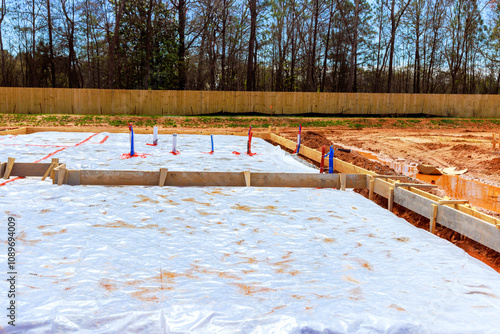 Preparing foundation at construction site with PVC plastic plumbing lines protective covering laid over earth to prevent moisture. photo