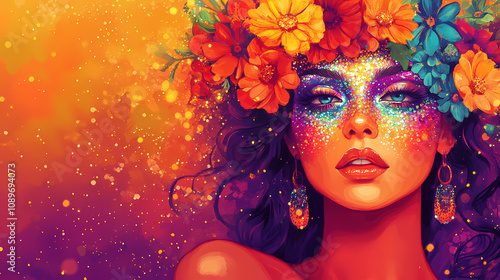 This woman is a shining example of festival vibes with her glittery face art and colorful flower crown. Bohemian Festival Vibes. Illustration photo