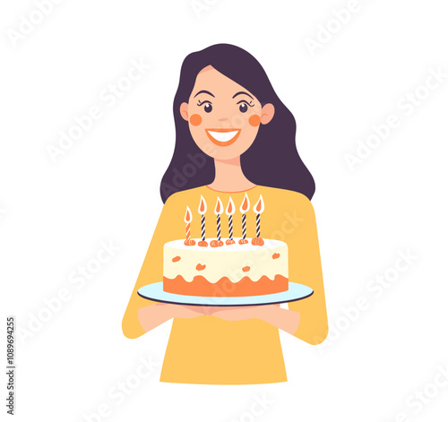 vector girl with cake and burning candles on white background .Generative AI