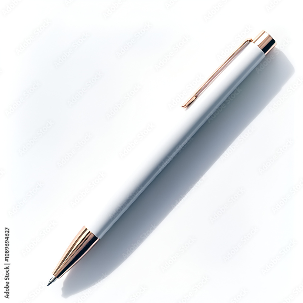 a white click pen, with a light rose gold tip, on a white background with natural light and shadow HD realistic a white click pen, with a light rose gold tip, on a white background with natural light and shadow HD realistic