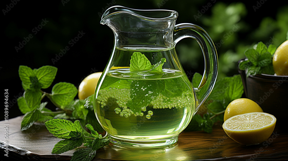 A glass pitcher filled with liquid green background A glass pitcher filled with liquid green background