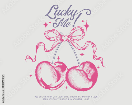 Lucky me cherry Girls graphics for fruit design, cherry bow with slogan typography, fashion graphic prints for cherries fruit cute t-shirt pattern, vintage food fashion slogan print for t-shirt
