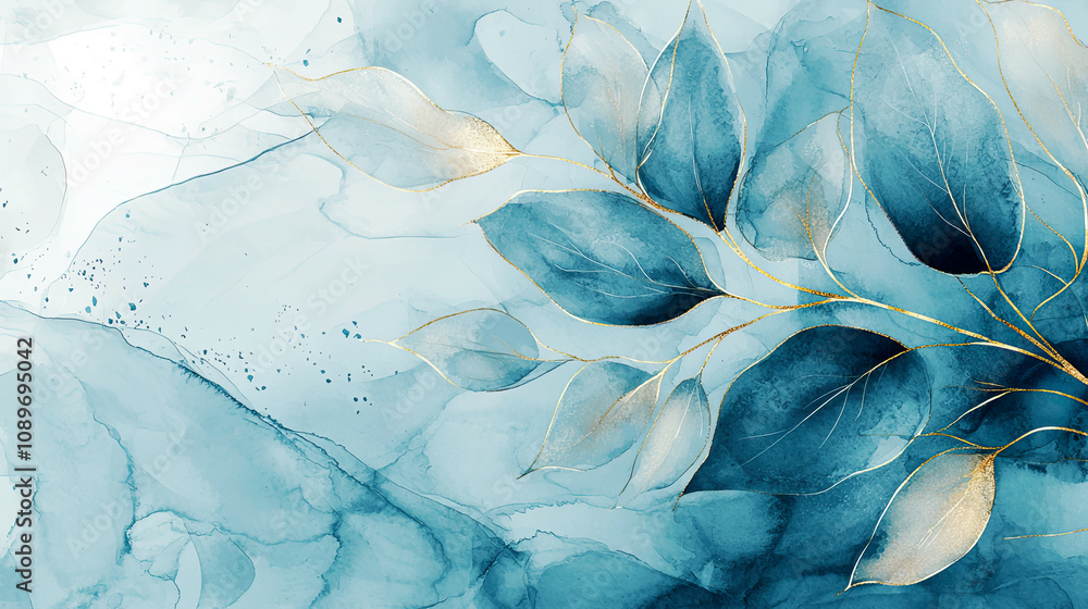 Naklejka premium Watercolor leaf design with gold outlines in a soft blue color palette