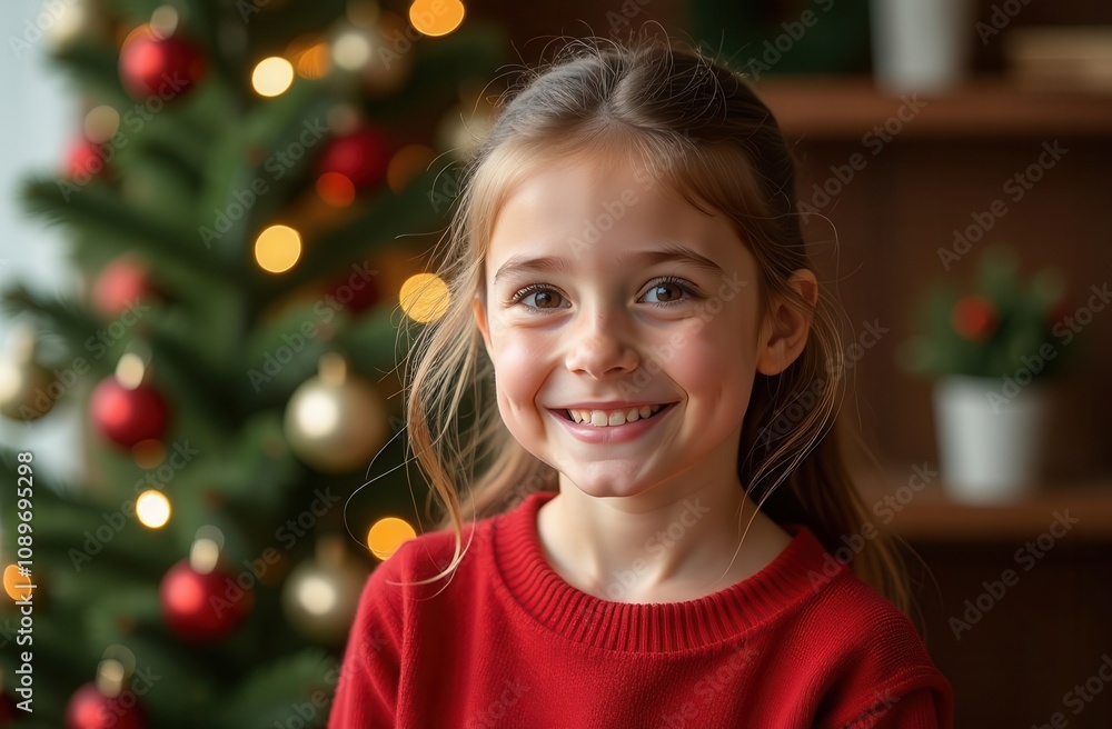 A smiling young girl in a red sweater stands in front of a decorated Christmas tree, radiating holiday cheer and festive spirit.
A smiling young girl in a red sweater stands in front of a decorated Christmas tree, radiating holiday cheer and festive spirit.