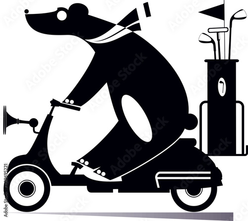 Cute bear on the scooter is on the way to the golf course. Cartoon bear going to play golf in the golf cart. Black and white illustration