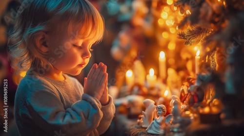 Little child praying by candlelight, nativity decorations and glowing festive lights. Spiritual Christmas scene perfect for religious backgrounds or designs. Copy space photo