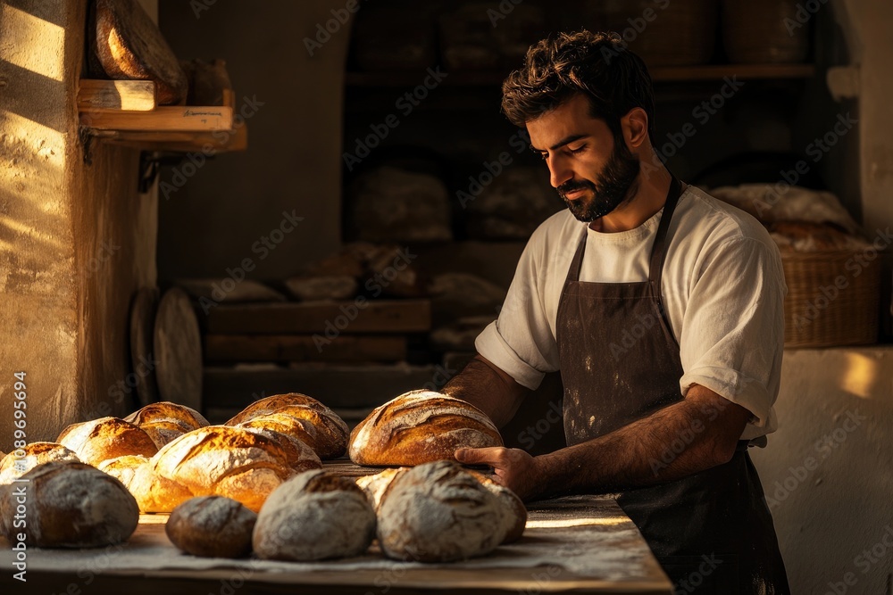 Fototapeta premium Artisan Baker Examining Freshly Baked Bread in Rustic Bakery Setting