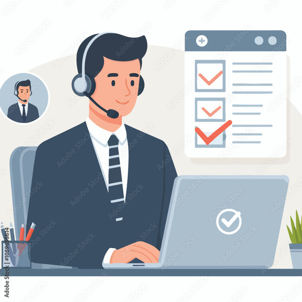 Flat illustration of operator of call center agent or customer service working in headphone and mic sitting at desk with laptop computer checklist and checkmark on a white background Flat illustration of operator of call center agent or customer service working in headphone and mic sitting at desk with laptop computer checklist and checkmark on a white background